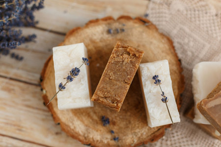 Natural handmade cocos soap with lavender flowers, spa organic soapの写真素材