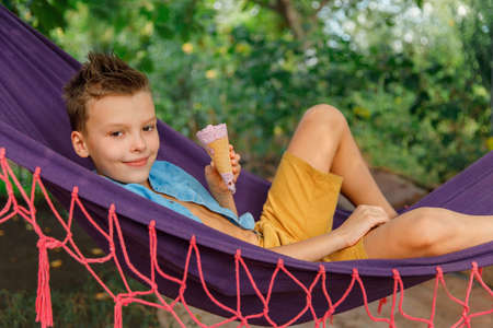 Cute boy eating ice cream and having fun on hammock outdoor. Child staying cool in the summer heat. Kid resting on a hammock.の写真素材