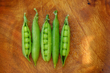 Fresh five green peas on wood texture background. Pea pods are opened.の写真素材