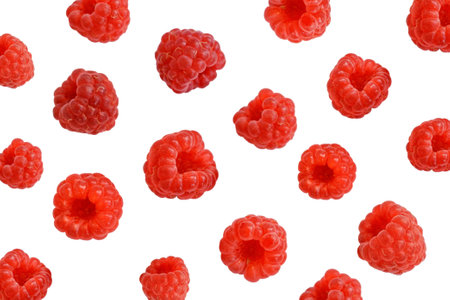 Various falling fresh ripe raspberries on white backgroundの写真素材