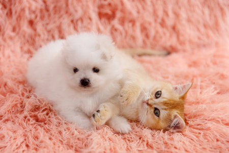 A golden chinchilla kitten and a white spitz puppy lie on a bright peach fur blanket in a playful...