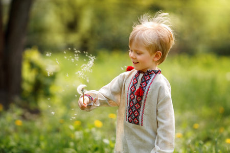 Cheerful little boy wearing a traditional Ukrainian embroidered shirt (vyshyvanka) playing with a...