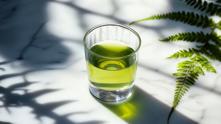 Small glass of bright green chlorophyll liquid on pale marble with fern-shaped shadows, clean lighting, botanical and clinical aesthetic, high detail.の素材