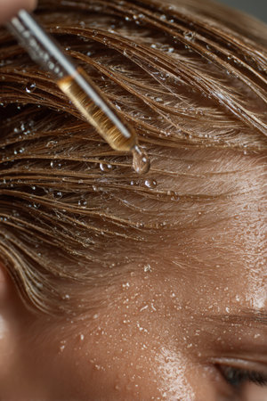Extreme close-up of slicked-back wet blonde hair with dropper applying serum to scalp. Visible droplets, clean background, soft studio lighting, hyperrealism.の素材