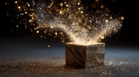 Stylized photo of a levitating gift box mid-motion as it opens with magical sparkle. A bright burst of glittering confetti and sparkles shoots outward, fading into floating particles, magical scene.の素材