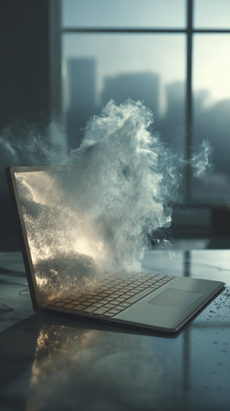 Creative scene of an open laptop displaying a tiny misty weather world. Soft fog and delicate drizzle flow gently from the screen, surreal mood with photorealistic detail on a bright office desk.の素材