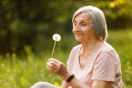 Close-up of a smiling elderly woman holding a dandelion and looking at it with affection in soft natural light.の写真素材