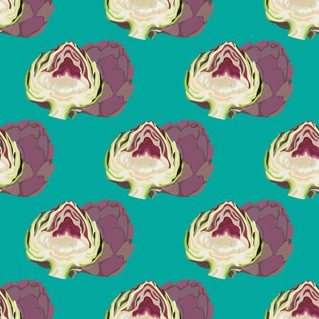 Seamless pattern with artichokes. Purple artichoke. Vegetable background. Wallpaper, print, wrapping paper, modern textile design, poster. Vector illustration.のイラスト素材
