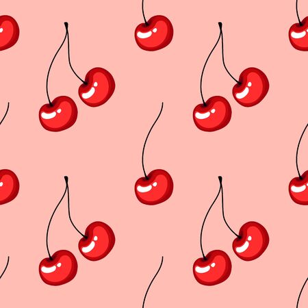 Seamless pattern with cherries on a pink background. Ripe and juicy summer berries. Vector...