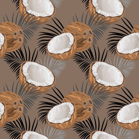 Seamless pattern with coconuts and palm leaves. Half a coconut. Summer and paradise background. Wallpaper, print, wrapping paper, modern textile design, banner, poster. Vector illustration.のイラスト素材