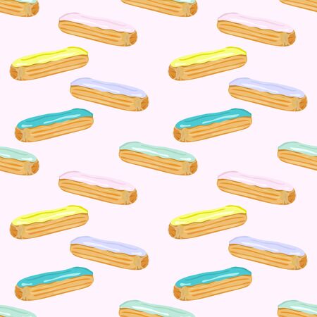 Seamless pattern with eclairs on a delicate pink background. Tasty eclair with cream. Wallpaper, print, wrapping paper. Vector illustration.のイラスト素材