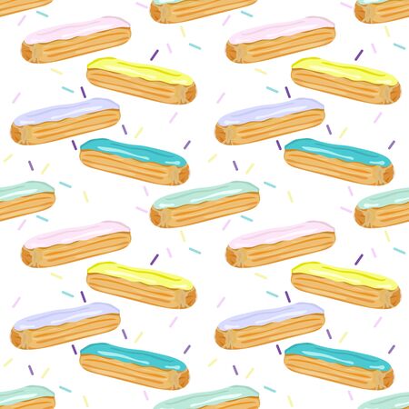 Seamless pattern with eclairs on a white background. Tasty dessert with cream. Wallpaper, print,...