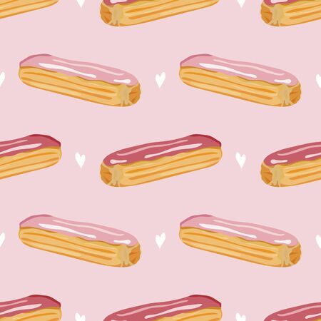 Seamless pattern with eclairs on a pink background. Tasty dessert with cream. Wallpaper, print, wrapping paper. Vector illustration.のイラスト素材