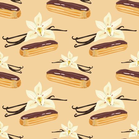 Seamless pattern with vanilla eclair in chocolate glaze and vanilla pods on a beige background. Glazed airy eclairs. Wallpaper, print, wrapping paper, modern textile design. Vector illustration.のイラスト素材