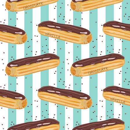 Seamless pattern with vanilla eclairs with chocolate glaze. Glazed eclair. Wallpaper, print, wrapping paper, modern textile design. Vector illustration.のイラスト素材