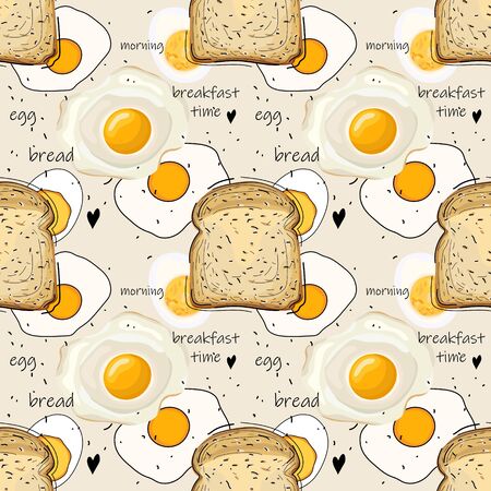 Seamless pattern with fried eggs and bread. Breakfast time. Good morning. Wallpaper, print, wrapping paper, textile design. Vector illustration.のイラスト素材