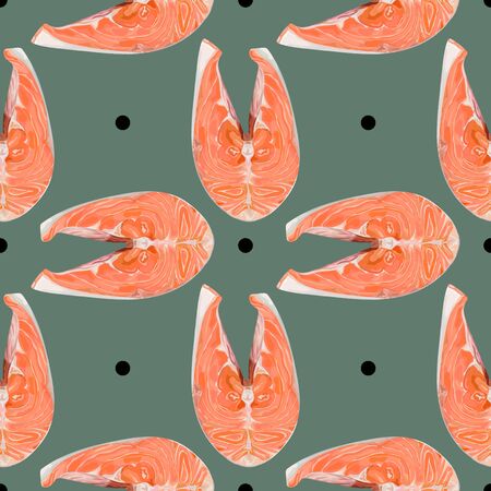 Seamless pattern of salmon steak. Trendy healthy food. Red fish. Wallpaper, print, packaging, paper, textile design, design of kitchen interior, seafood restaurant menu. Vector illustration.のイラスト素材