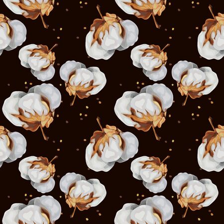Seamless pattern with cotton flowers. Organic cotton.  Vector illustration.のイラスト素材