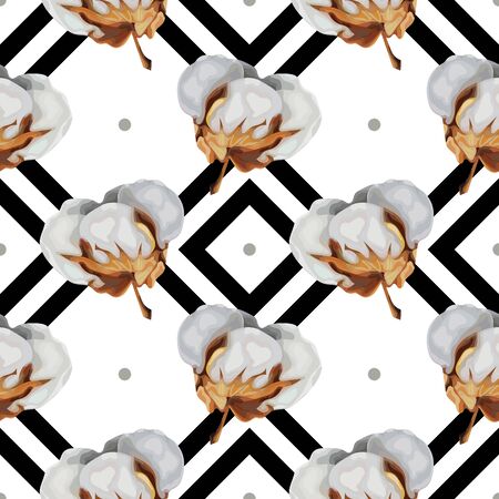 Seamless pattern with cotton flowers. Organic cotton. Vector illustration.のイラスト素材