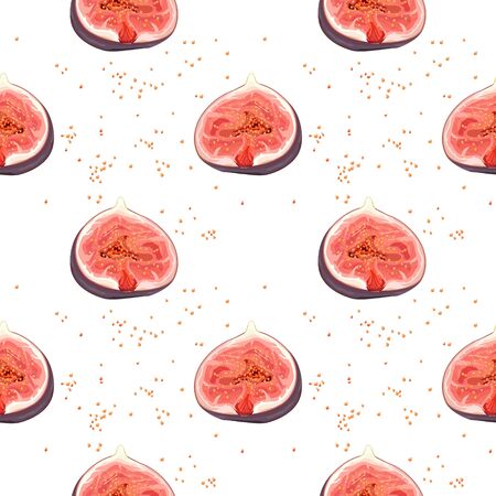 Seamless pattern with figs. Half a ripe fig with seeds. Banner, poster, promotional material, print, wrapping paper, wallpaper, modern textile design. Vector illustration.のイラスト素材