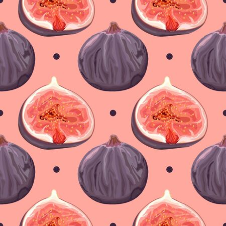 Seamless pattern with figs. Half a ripe fig with seeds. Banner, poster, promotional material, print, wrapping paper, wallpaper, modern textile design. Vector illustration.のイラスト素材