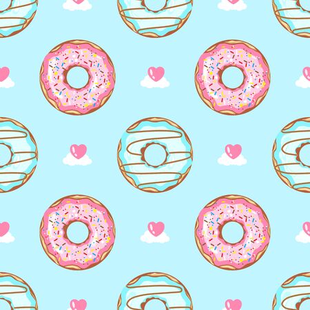 Seamless pattern of pink and blue donuts with pink hearts and white clouds on a blue background. Vector illustration.のイラスト素材