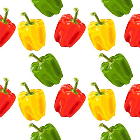 Seamless pattern with bell pepper on a white background. Set of red, yellow and green peppers. Wallpaper, print, textile design, wrapping paper. Vector illustration.のイラスト素材