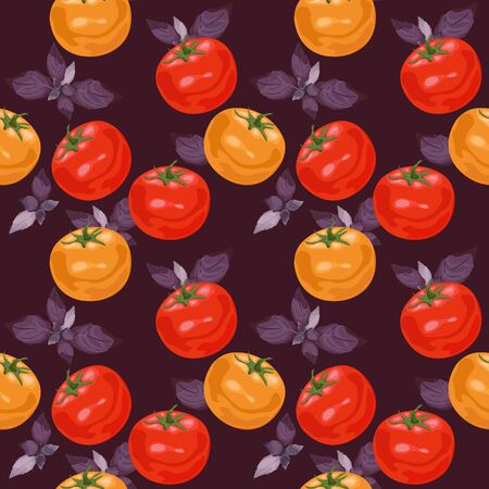Seamless pattern with tomatoes and basil. Yellow and red tomatoes with purple basil. Wrapping paper, wallpaper, print, illustration for literature. Vector illustration.のイラスト素材