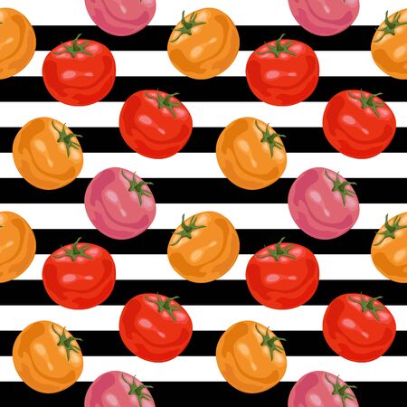Seamless pattern with tomatoes. Ripe red, pink and yellow tomatoes on a black horizontal stripes. Wallpaper, print, wrapping paper, modern textile design. Vector illustration.のイラスト素材