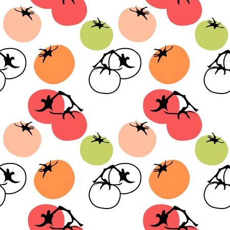 Seamless pattern with tomatoes on a white background. Wallpaper, print, wrapping paper, packaging. Vector illustration.のイラスト素材