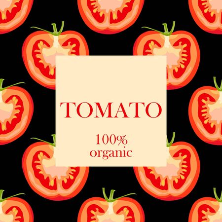 Stylized tomatoes on a black background and with the text "tomato, 100% organic". Banner, poster, wrapping paper, sticker, print, modern textile design. Vector illustration.のイラスト素材