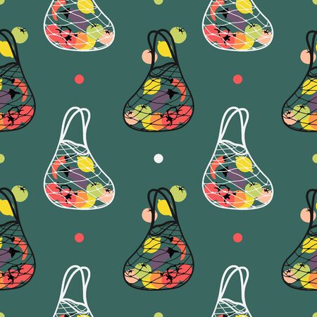 Seamless pattern with eco bags and vegetables. A string bag for shopping. Wallpaper, print, packaging, wrapping paper, banner, poster. Vector illustration.のイラスト素材