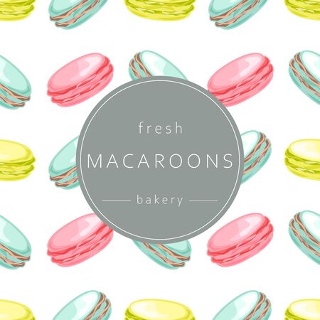 Seamless pattern with macaroon. Pink, mint and yellow macaroons on a light background. French macaroons with berry, lemon and chocolate flavors. Banner, poster, print, label. Vector illustration.のイラスト素材