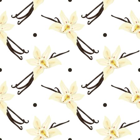 Seamless pattern with vanilla pods. Sweet vanilla. Wallpaper, print, wrapping paper, modern textile design. Vector illustration.のイラスト素材