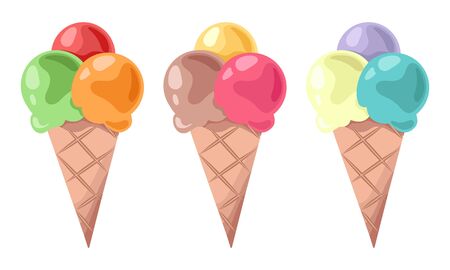 Ice cream set in waffle cones. Bright, colorful and delicious balls of ice cream. Vector illustration.のイラスト素材