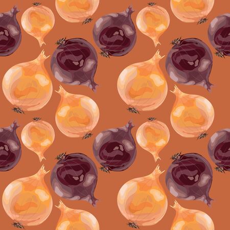 Onion seamless pattern. Golden and purple onions. Wallpaper, print, packaging, paper, textile design. Vector illustration.のイラスト素材