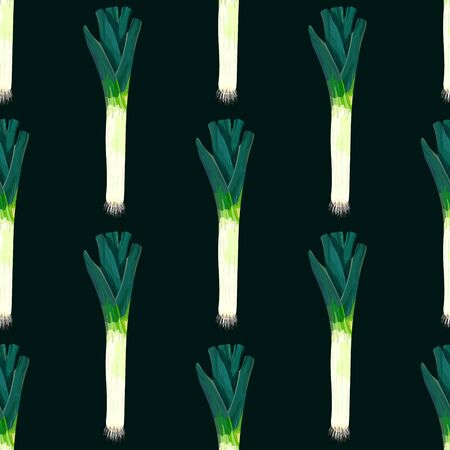 Seamless pattern with leek. Stylized green leek. Wallpaper, print, wrapping paper, banner, poster, promotional material. Vector illustration.のイラスト素材