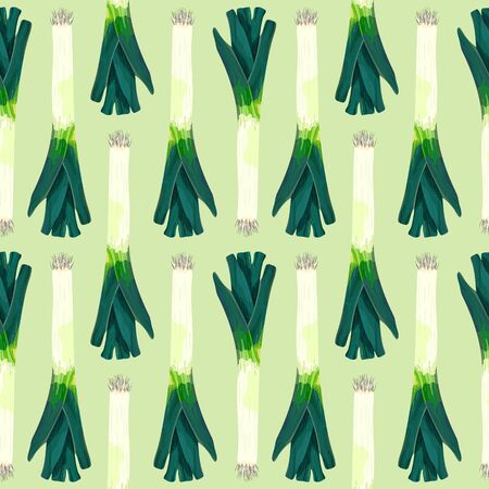 Seamless pattern with leek. Stylized green leek. Wallpaper, print, wrapping paper, banner, poster, promotional material. Vector illustration.のイラスト素材