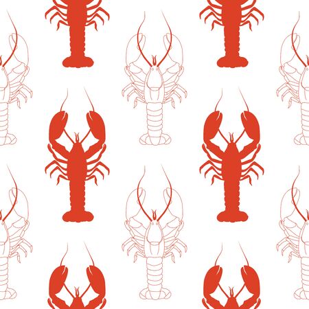 Seamless pattern with lobsters on a white background. Stylized lobster. Red on white. Wallpaper, print, wrapping paper, modern textile design, banner, poster, promotional material.Vector illustration.のイラスト素材