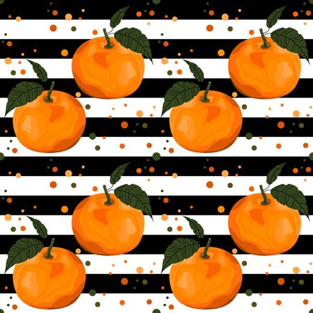 Seamless pattern with tangerines and stylized leaves. Bright, juicy, orange citrus. Wallpaper, print, packaging, paper, textile design, promotional material. Vector illustration.のイラスト素材