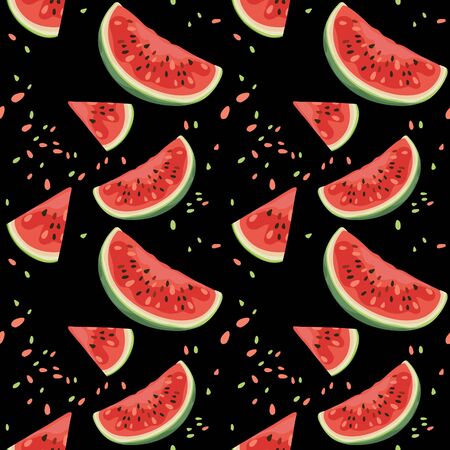 Seamless pattern with watermelons. Summer background, a slice of juicy and ripe watermelon. Banner, poster, modern textile design, print, wallpaper, wrapping paper. Vector illustration.のイラスト素材