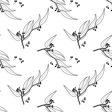 Seamless pattern with eucalyptus branches. Stylized eucalyptus. Wallpaper, print, packaging, paper, textile design. Vector illustration.のイラスト素材