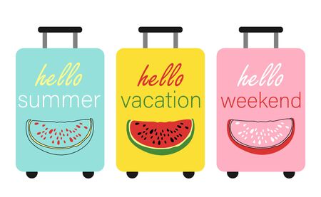 Set of multi-colored suitcases with a print of watermelon and text. Bright summer suitcases. Vector illustration.のイラスト素材