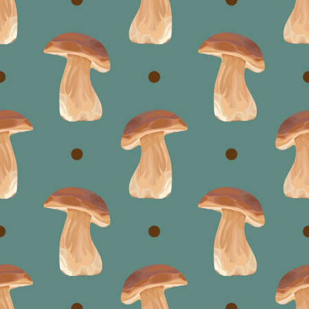 Seamless pattern with wild mushrooms. Autumn background. Wallpaper, print, packaging, paper, textile design. Vector illustration.のイラスト素材