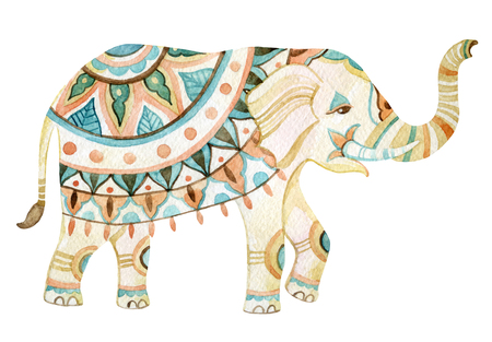 Watercolor elephant in bohemian style. Ornate elephant in pastele colors isolated on white background. Hand drawn illustration for design in tribal or boho stylesの写真素材