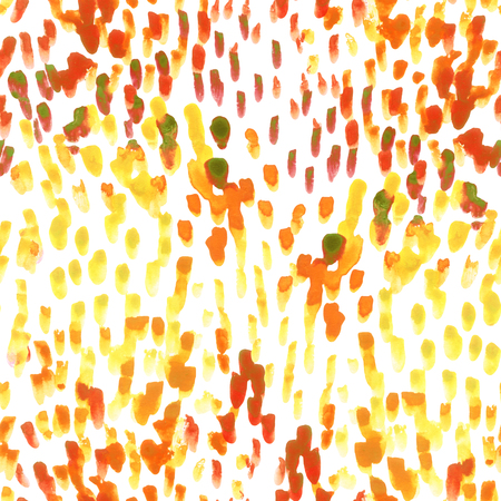 Autumn watercolor strokes seamless pattern. Abstract bright colored brush splashes, drops and spots background. Hand painted illustration for fall designの写真素材