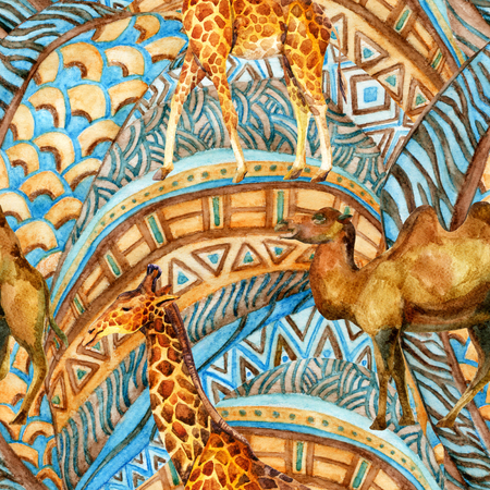 African seamless watercolor pattern with camel and giraffe. Animals on ethnic background. Hand painted abstraction illustration.の写真素材