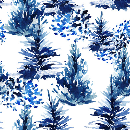 Watercolor christmas tree seamless pattern. Winter fir forest and watercolour brush strokes . Hand painted pine tree illustration on white backgroundの写真素材