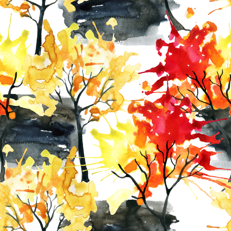 Watercolor autumn trees seamless pattern. Watercolour colorful trees. Hand painted tree illustration for fall designの写真素材