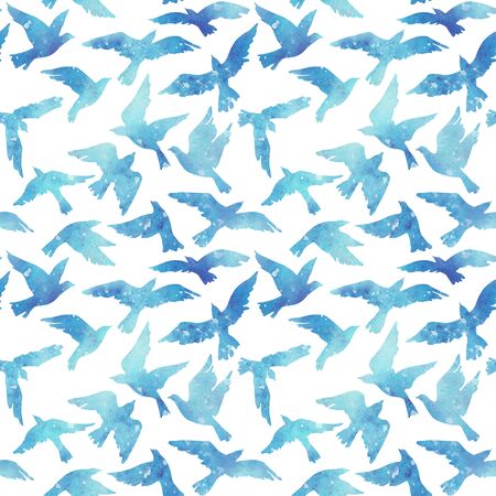 Watercolor silhouettes of flying birds. Birds seamless pattern. Hand painted illustration in natural colorsの写真素材